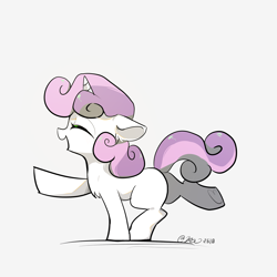 Size: 2026x2026 | Tagged: safe, artist:lenw, sweetie belle, extended trot pose, eyes closed, female, filly, foal, g4, horn, imported from derpibooru, open mouth, open smile, pony, side view, simple background, smiling, solo, standing on two hooves, unicorn, white background
