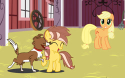 Size: 1024x637 | Tagged: safe, artist:piedash27, applejack, oc, oc:apple cheek, animal, dog, earth pony, female, filly, foal, g4, imported from derpibooru, mare, offspring, parent:applejack, parent:caramel, parents:carajack, pony, winona