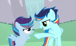 Size: 690x423 | Tagged: safe, artist:piedash27, oc, oc:cold cloud, female, filly, foal, imported from derpibooru, mare, offspring, outdoors, parent:rainbow dash, parent:soarin', parents:soarindash, pegasus, pony, siblings, sisters