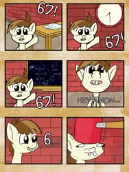 Size: 2500x3327 | Tagged: safe, artist:anonymous, 6 panel comic, 67, annoying, bonk, clock, colt, comic, drawthread, foal, hammer, hangman, implied anon, imported from derpibooru, list, male, math, meme, pony, requested art, solo, table, violence