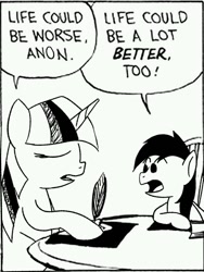 Size: 480x637 | Tagged: safe, artist:anonymous, twilight sparkle, oc, oc:filly anon, argument, black and white, calvin and hobbes, chair, comic, drawthread, duo, eyes closed, eyes open, female, filly, foal, g4, grayscale, horn, imported from derpibooru, mare, monochrome, ponified, ponified comic, pony, quill, requested art, sitting, table, unicorn, unicorn twilight, writing
