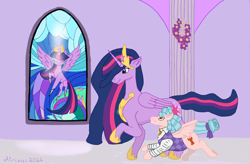 Size: 7000x4600 | Tagged: safe, artist:atrianas, twilight sparkle, alicorn, clothes, cozy glow, crown, digital art, duo, duo female, female, filly, foal, g4, hoof shoes, imported from derpibooru, indoors, jewelry, older, older twilight, older twilight sparkle (alicorn), pegasus, peytral, pony, princess shoes, princess twilight 2.0, regalia, stained glass