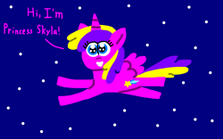 Size: 1920x1200 | Tagged: safe, artist:mylittleponyland2010, alicorn, cute, eye clipping through hair, female, filly, flying, foal, g4, grin, horn, imported from derpibooru, kid pix, night, night sky, pony, princess, princess skyla, sky, skylabetes, smiling, solo, spread wings, stars, wings