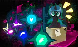 Size: 2558x1558 | Tagged: safe, artist:cicadalous, oc, oc:c1558, arrow, box, cardboard box, changeling, changeling in a box, changeling oc, crooked glasses, emanata, female, filly, foal, glasses, imported from derpibooru, looking up, nymph, oc only, paper, pony, round glasses, sitting, solo, surreal
