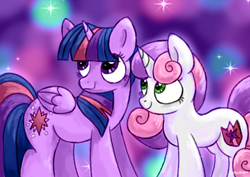 Size: 3508x2480 | Tagged: safe, artist:mashee, sweetie belle, twilight sparkle, alicorn, blurry background, digital art, duo, duo female, female, filly, foal, g4, green, green eyes, horn, imported from derpibooru, looking up, mare, night, pink, pony, purple, purple eyes, smiling, sparkles, sparkling, standing, stars, unicorn