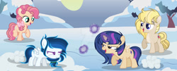 Size: 1280x516 | Tagged: safe, artist:dayspring-dawnyt, oc, oc:apple zap, oc:evenfall sparkle, oc:sky bolt, oc:vanilla pie, alicorn, earth pony, female, filly, foal, imported from derpibooru, offspring, parent:applejack, parent:cheese sandwich, parent:flash sentry, parent:pinkie pie, parent:rainbow dash, parent:soarin', parent:trenderhoof, parent:twilight sparkle, parents:cheesepie, parents:flashlight, parents:soarindash, parents:trenderjack, pegasus, pony