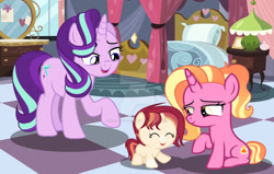 Size: 1280x812 | Tagged: safe, artist:dayspring-dawnyt, starlight glimmer, oc, oc:sunshine, baby, baby pony, female, filly, filly luster dawn, foal, g4, horn, imported from derpibooru, luster dawn, luster dawn is starlight's and sunburst's daughter, mare, offspring, parent:starlight glimmer, parent:sunburst, parents:starburst, pony, unicorn, younger