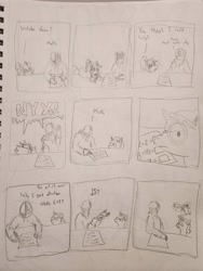 Size: 3000x4000 | Tagged: safe, artist:hawaiianhippogryph, oc, oc:dyx, oc:nyx, oc:ponyquarantine, 67, 67 meme, alicorn, comic, comic strip, female, filly, foal, gun, human, human male, imported from derpibooru, looking at you, magic, male, math, oc only, pencil drawing, pony, telekinesis, traditional art, weapon