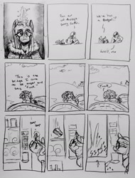 Size: 2296x3028 | Tagged: safe, artist:pony quarantine, oc, oc:dyx, oc:filly anon, oc:nyx, oc:ponyquarantine, series:pq funnies, alicorn, bridge, cloak, clothes, comic, comic strip, dialogue, drink, earth pony, female, filly, foal, frown, glasses, glowing, glowing horn, grayscale, horn, human, imported from derpibooru, lidded eyes, male, mare, monochrome, oc only, outdoors, pencil drawing, pony, soda can, traditional art, unicorn, vending machine, vulgar