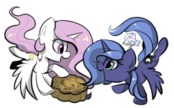 Size: 4085x2551 | Tagged: safe, artist:hdzy, princess celestia, princess luna, alicorn, cewestia, cutie mark, fanon, female, filly, filly luna, foal, food, g4, horn, imported from derpibooru, looking at each other, looking at someone, missing accessory, mooncake, open mouth, open smile, pink mane, pink-mane celestia, pony, royal sisters, siblings, simple background, sisters, smiling, smiling at each other, white background, wings, woona, younger