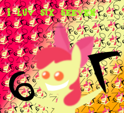 Size: 371x339 | Tagged: safe, artist:liliana-adbul45, apple bloom, 67, 67 meme, blurry, brainrot, earth pony, female, filly, foal, g4, grin, holding, imported from derpibooru, looking at you, meme, misspelling, pointy ponies, pony, shitposting, smiling, smiling at you, solo
