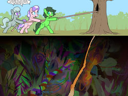 Size: 3200x2400 | Tagged: safe, artist:darkdoomer, artist:dongting30834, editor:modus_ponens, diamond tiara, silver spoon, oc, oc:filly anon, spoiler:comic, ahh ke gaa luuu, bipedal, clothes, dialogue, earth pony, female, filly, foal, friendship is magic #19, g4, good king sombra, happy, hoof shoes, horn, idw, implied celestibra, implied shipping, implied straight, imported from derpibooru, jewelry, king sombra, magic, male, my little pony: friendship is magic (idw), open mouth, open smile, pony, portal, psychedelic, pulling, reflections, regalia, rope, singing, smiling, solo, speech bubble, stallion, telekinesis, tree, underworld, unicorn