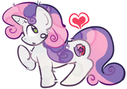 Size: 2048x1437 | Tagged: safe, sweetie belle, female, filly, foal, g4, imported from derpibooru, looking back, looking up, open mouth, pony, raised hoof, simple background, solo