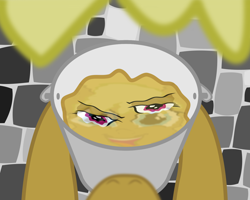 Size: 1563x1250 | Tagged: safe, artist:xtsgx, oc, oc:jus de raisin, fanfic:daring do and the grimoire of gamaltijan, annoyed, blurry foreground, bucket, cartoon physics, cartoony, cobblestone street, colored, cover art, daring do, earth pony, earth pony oc, excited, eye, eyes, female, filly, first person view, foal, g4, happy, imported from derpibooru, inkscape, liquid, looking at you, mane, mare, melted, melting, muzzle, my little pony: friendship is magic, offscreen character, pegasus, pov, reflection, shape change, vector