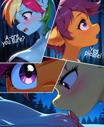 Size: 2300x2800 | Tagged: explicit, rainbow dash, scootaloo, ai content, ai generated, anthro, breasts, comic, cunnilingus, female, forest, g4, imported from twibooru, lesbian, licking, lolicon, multicolored hair, night, oral, pegasus, prompter:renate4ever, purple eyes, purple hair, rainbow hair, scootadash, sex, shipping, text, tongue out, tree, underage, vaginal secretions