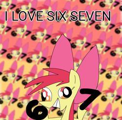 Size: 1002x990 | Tagged: safe, artist:countryfreeshow, artist:liliana-adbul45, apple bloom, 67, 67 meme, brainrot, derp, earth pony, female, filly, foal, g4, grin, imported from derpibooru, meme, pony, smiling