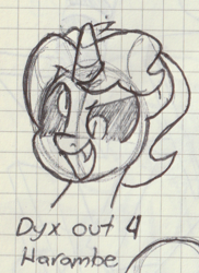Size: 568x780 | Tagged: safe, artist:unitxxvii, oc, oc:dyx, alicorn, cross-eyed, derp, dicks out for harambe, female, filly, foal, graph paper, imported from derpibooru, monochrome, oc only, open mouth, open smile, pen drawing, pony, smiling, solo, text, traditional art