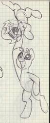 Size: 786x1909 | Tagged: safe, artist:unitxxvii, oc, oc:ayynonfilly, oc:filly anon, alien, alien pony, bipedal, duo, duo male and female, earth pony, female, filly, foal, graph paper, handstand, imported from derpibooru, male, monochrome, oc only, open mouth, open smile, pen drawing, pony, smiling, stallion, traditional art, upside down