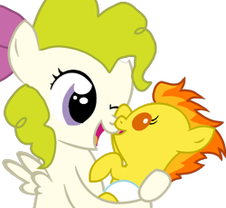 Size: 1080x995 | Tagged: safe, artist:oumirot, baby, baby spitfire, bowtie, cute, duo, female, filly, filly surprise, foal, g1, g4, imported from derpibooru, pegasus, pony, simple background, spitfire, surprise, transparent background