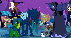 Size: 11000x6000 | Tagged: safe, artist:evilfrenzy, princess luna, queen chrysalis, oc, oc:azure/sapphire, oc:brainstorm, oc:cruithne, oc:frenzy, oc:leeloo, oc:quillwrite, absurd resolution, alicorn, alicorn oc, alien, alien (franchise), alternate hairstyle, animal costume, bedsheet ghost, bee costume, big daddy, blood, bow, canon x oc, changeling, changeling queen, cheerleader, cheerleader outfit, clothes, costume, crossdressing, earth pony, earth pony oc, ethereal mane, eyes closed, father and child, father and daughter, female, female oc, filly, filly oc, flying, foal, foal oc, folded wings, fruna, g4, ghost costume, halloween, halloween costume, horn, imported from derpibooru, looking at someone, male, male oc, mare, mare oc, mother and child, mother and daughter, night, nightmare night, nightmare night costume, offspring, open mouth, open smile, outdoors, parent and child, parent and daughter, parent:oc:frenzy, parent:princess luna, parents and child, parents:canon x oc, pointy ponies, pony, shipping, smiling, smiling at someone, spirit of hearth's warming yet to come, spread wings, stallion, stallion oc, tongue out, tree, unicorn, unicorn oc, unshorn fetlocks, walking, wall of tags, wings, xenomorph, xenomorph queen