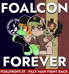 Size: 3800x4096 | Tagged: safe, artist:foaltamer, artist:frosthawkpone, oc, oc:clover cu, oc:dune raindrops, 2026, armband, banned from derpibooru, clothes, collaboration, colt, duo, female, filly, flag, foalconist front, foalfront, hat, imported from twibooru, male, national socialism, pegasus, pony, poster, propaganda, propaganda poster, raised hoof, standing, uniform