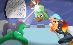 Size: 4000x2500 | Tagged: explicit, artist:salemcat, oc, oc:dough bakes, oc:little chip, oc:sprinkler, oc:sundance, anus, bedroom, cunnilingus, female, females only, ffff foursome, filly, filly on filly, foal, foalcon, foursome, funny porn, genitals, group sex, horn, horngasm, imported from derpibooru, lesbian, licking, nudity, oc only, oral, orgasm, orgasm assisted launch, pegasus, pony, sex, story included, tongue out, unicorn, vaginal secretions, vulva