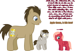 Size: 1635x1116 | Tagged: safe, artist:ludiculouspegasus, oc, oc:apple cream, oc:time skip, blank flank, colt, dialogue, doctor whooves, earth pony, father and child, father and son, foal, g4, gritted teeth, imported from derpibooru, looking away, male, offspring, parent:big macintosh, parent:derpy hooves, parent:doctor whooves, parent:fluttershy, parents:doctorderpy, parents:fluttermac, pegasus, pegasus oc, pony, shrunken pupils, shy, simple background, stallion, tattletail, teeth, time turner, transparent background, trio, trio male