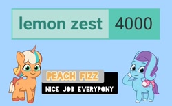 Size: 1080x668 | Tagged: safe, bow, derpibooru, duo, edit, editor needed, female, filly, foal, g5, glory (g5), horn, imported from derpibooru, light blue background, lil critter workshop, looking at you, meta, peach fizz, pegasus, pippsqueaks, pony, simple background, smiling, smiling at you, tags, tail, tail bow, talking to viewer, text, unicorn