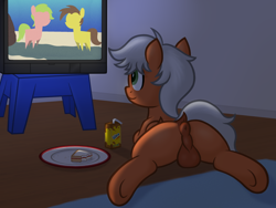 Size: 2400x1800 | Tagged: explicit, artist:deserter, oc, oc:sun crush, balls, casual nudity, colt, drink, foal, foalcon, food, genitals, green eyes, imported from derpibooru, juice, juice box, lying down, male, nudity, orange coat, pegasus, pony, prone, reference, sandwich, sploot, spongebob reference, spongebob squarepants, television, white mane