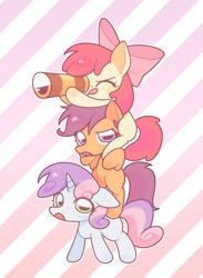 Size: 1280x1747 | Tagged: safe, artist:haunn0511, apple bloom, scootaloo, sweetie belle, adorabloom, bow, cute, cutealoo, cutie mark crusaders, diagonal-striped background, diasweetes, earth pony, female, filly, foal, full body, g4, hair bow, horn, imported from derpibooru, one eye closed, outline, pegasus, piggyback ride, pink background, pink bow, pony, pony pile, striped background, telescope, tongue out, tower of pony, trio, trio female, unicorn, weapons-grade cute, white background, white outline