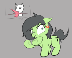 Size: 1545x1248 | Tagged: safe, artist:bagegale, oc, oc:filly anon, angry, cross-popping veins, earth pony, emanata, female, filly, foal, gray background, imported from derpibooru, oc only, pony, simple background, slit throat gesture, solo, threat, threatening, x eyes