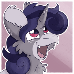 Size: 2000x2000 | Tagged: safe, artist:euspuche, oc, oc:alex garcía, abstract background, animated, bat pony, bust, chest fluff, cute, female, filly, foal, gif, happy, horn, imported from derpibooru, looking at you, oc only, ocbetes, open mouth, open smile, portrait, smiling, tongue out, unicorn