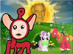 Size: 1500x1104 | Tagged: safe, artist:ybase, sweetie belle, banned from derpibooru, big mcintosh, clothes, cloud, cosplay, costume, ears up, female, filly, high res, imported from twibooru, invitation, jeffrey epstein, letter, looking at someone, looking at you, male, mare, nightmare fuel, outdoors, pony, smiling, stallion, sun, teletubbies, teletubby costume, trio, uncanny valley