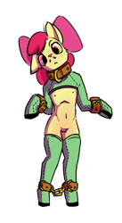 Size: 624x1136 | Tagged: explicit, artist:s410, apple bloom, ankle chain, ankle cuffs, anthro, banned from derpibooru, belly, belly button, blushing, bolero jacket, bondage, breasts, clothes, collar, cuffs, delicious flat chest, derpibooru original, female, foalcon, g4, genitals, hoof boots, hoof gloves, imported from twibooru, jacket, legwear, nipples, nudity, pony play, simple background, socks, solo, solo female, thigh highs, transparent background, underage, unguligrade anthro, vulva