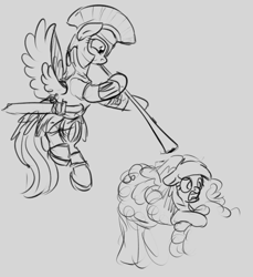 Size: 626x683 | Tagged: safe, artist:barhandar, rainbow dash, scootaloo, banned from derpibooru, bed, clothes, costume, duo, female, filly, flying, gladius, gray background, grayscale, imported from twibooru, legionnaire, mare, meme, monochrome, musical instrument, ponified meme, pony, simple background, sketch, trumpet