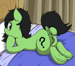 Size: 1700x1500 | Tagged: explicit, artist:pokefound, editor:gold meddle, oc, oc:anonfilly, anatomically correct, anonymous editor, anus, banned from derpibooru, bed, chest fluff, clitoris, edit, edited edit, female, filly, foalcon, hoofbutt removal, imported from twibooru, looking at you, looking back, lying down, nudity, oc only, ponut, pony, presenting, prone, smiling, solo, solo female, spread pussy, spreading, underage, underhoof, vagina, vulva, vulvar winking