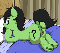 Size: 1700x1500 | Tagged: explicit, artist:pokefound, editor:gold meddle, oc, oc:anonfilly, anatomically correct, anonymous editor, anus, banned from derpibooru, bed, chest fluff, clitoris, colored hooves, edit, edited edit, female, filly, foalcon, hoofbutt removal, imported from twibooru, looking at you, looking back, lying down, nudity, oc only, ponut, pony, presenting, prone, smiling, solo, solo female, spread pussy, spreading, underage, underhoof, vagina, vulva, vulvar winking