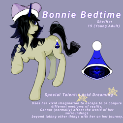 Size: 2048x2048 | Tagged: safe, artist:stella-cloudshine, oc, oc:bonnie bedtime, cutie mark, derpibooru exclusive, female, filly, foal, hair over one eye, hat, horn, imported from derpibooru, info, oc only, pony, raised hoof, reference sheet, simple background, solo, teenager, text, unicorn, unicorn oc