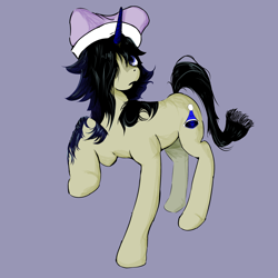 Size: 2048x2048 | Tagged: safe, artist:stella-cloudshine, oc, oc:bonnie bedtime, derpibooru exclusive, female, filly, foal, hair over one eye, hat, horn, imported from derpibooru, oc only, pony, raised hoof, simple background, solo, teenager, unicorn, unicorn oc