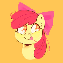 Size: 2048x2048 | Tagged: safe, artist:sundaesquiggles, apple bloom, bow, bust, earth pony, female, filly, flower in eyes, foal, g4, hair bow, imported from derpibooru, looking at you, orange background, part of a set, pink bow, pony, portrait, simple background, smiling, solo, tongue out