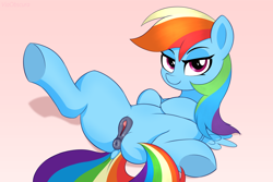 Size: 2400x1600 | Tagged: explicit, artist:adastra, rainbow dash, anus, banned from derpibooru, butt, foalcon, g4, genitals, imported from twibooru, looking at you, lying down, nudity, pegasus, pink background, simple background, smiling, smiling at you, solo, underage, vulva