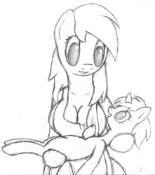 Size: 1063x1200 | Tagged: suggestive, artist:tg-0, banned from derpibooru, bipedal, breasts, chestbreasts, cleavage, derpy hooves, dinky hooves, foal, g4, horn, imported from twibooru, monochrome, pegasus, pony, sketch, unicorn