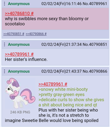 Size: 720x832 | Tagged: suggestive, sweetie belle, /mlp/, 4chan, 4chan screencap, banned from derpibooru, bedroom eyes, female, filly, foal, g4, horn, implied foalcon, implied underage, imported from twibooru, pony, raised hoof, text, unicorn