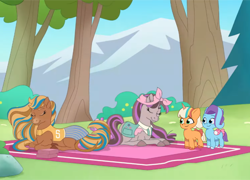 Size: 1498x1080 | Tagged: safe, artist:caseyben887, banned from derpibooru, bow, box, clothes, crossover, female, filly, foal, g5, glory (g5), grin, group, horn, horse, imported from twibooru, mountain, peach fizz, pegasus, pippsqueaks, pony, quartet, skirt, sky, sleeping, smiling, tail, tail bow, tree, unicorn