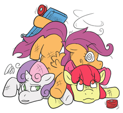 Size: 869x800 | Tagged: safe, artist:gibby17, apple bloom, scootaloo, sweetie belle, blank flank, crash, cutie mark crusaders, derpibooru exclusive, earth pony, female, filly, foal, g4, horn, imported from derpibooru, partially transparent background, pegasus, pony, scootaloo's scooter, simple background, swirly eyes, trio, unicorn, white background