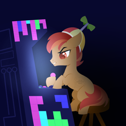 Size: 2000x2000 | Tagged: safe, artist:eberneuspony, button mash, arcade game, colored pupils, colt, earth pony, foal, g4, gritted teeth, imported from derpibooru, liquid button, male, pony, sitting, solo, stool, teeth