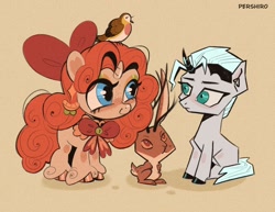 Size: 1612x1242 | Tagged: safe, artist:pershiro_art, bird, duo, duo female, female, foal, hogwarts legacy, horn, imported from derpibooru, mare, ponified, pony, unicorn, unshorn fetlocks