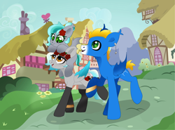 Size: 2560x1890 | Tagged: safe, artist:just_yuki, oc, oc:moonlight lovec, oc:voldemar helm, oc:yuki lovec, banned from derpibooru, bat pony, bat pony oc, family, female, filly, foal, imported from twibooru, jewelry, married couple, oc only, pegasus, pegasus oc, pony, ring, smiling, walking