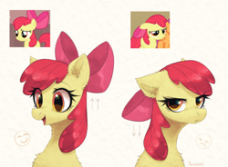 Size: 2300x1697 | Tagged: safe, artist:avrameow, apple bloom, bow, bust, chest fluff, ear fluff, ears back, earth pony, eye clipping through hair, eyebrows, eyebrows visible through hair, female, filly, floppy ears, foal, frown, g4, imported from derpibooru, pony, scene interpretation, screencap reference, simple background, smiling, solo, white background