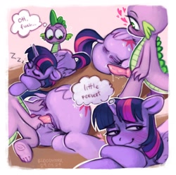 Size: 1280x1272 | Tagged: explicit, artist:bloodymrr, spike, twilight sparkle, anus, banned from derpibooru, blushing, dragon, dragon dick, dragon on pony action, english, female, foalcon, g4, human vulva on pony, imported from twibooru, interspecies, male, nudity, penetration, penis, pony, sex, shipping, sleeping, straight, twispike, underage, unicorn, vaginal, vaginal secretions, vulva